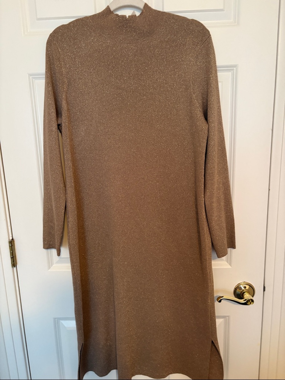 Chico's Metallic Knit Long-Sleeve Midi Dress in Gold